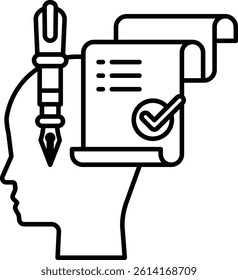 A head with a pen on it and a piece of paper with a check mark on it