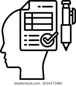A head with a pen and a piece of paper with a check mark on it