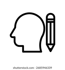 Cabeza con icono de línea de lápiz, pensamiento creativo y símbolo de desarrollo de ideas, estilo de contorno simple sobre fondo blanco