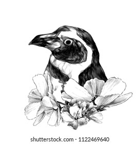 the head of a penguin sideways in profile, with a wreath on the neck of the kosmeya flowers white and oliandr, sketch vector graphics monochrome illustration on white background