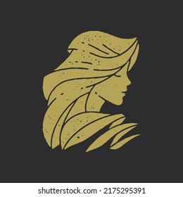 Head of pensive elegant woman with long hair golden decorative design grunge texture vector illustration. Beautiful glamour female antique logotype for beauty manicure salon fashion studio side view