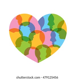 Head of people in heart shape. sign of love, the heart of uniting people. illustration isolated on white background.