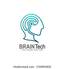 Logotipo de personas con cabeza con plantilla de diseño de tecnología de línea, iconos cerebrales, logotipos inteligentes