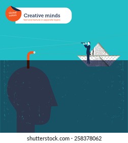 Head with periscope checking businessman on paper boat with spyglass. Vector illustration Eps10 file. Global colors. Text and Texture in separate layers.