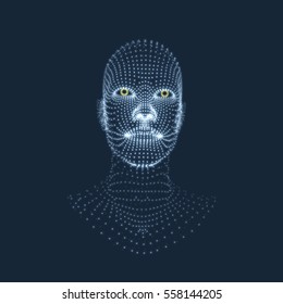 Head of the Person from a 3d Grid. Face Scanning. View of Human Head. 3D Geometric Face Design. Geometry Man Portrait.