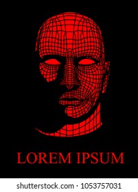 Head of the Person from a 3d Grid. Geometric Face Design. Polygonal Covering Skin. 3D vector head from grid vector Illustration. Front view of abstract mesh head on black background. Cyborg concept.