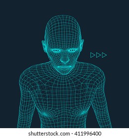 Kopf der Person aus einem 3D-Gitter. Geometrisches Gesichtsdesign. Polygonale bedeckende Haut. Vektorgrafik. Kann für Avatar, Wissenschaft, Technologie verwendet werden