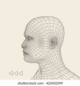 Kopf der Person aus einem 3D-Gitter. Geometrisches Gesichtsdesign. Polygonale bedeckende Haut. Vektorgrafik.