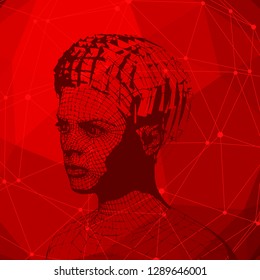 Head of the person from a 3d Grid. Human head wire model. 3D geometric face design. Polygonal covering skin. Connected lines with dots.