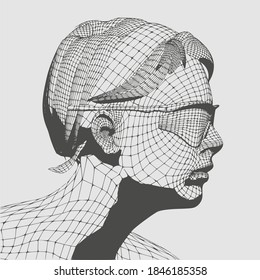 Head of the person from a 3d grid. Human head wire model. 3D geometric face design. Polygonal covering skin.