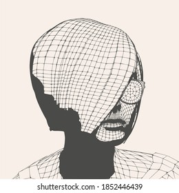 Head of the person from a 3d grid. Human head wire model. 3D geometric face design. Polygonal covering skin.