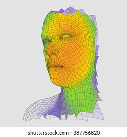 Head of the Person from a 3d Grid. Human Head Wire Model. Human Polygon Head. Face Scanning. View of Human Head. 3D Geometric Face Design. 3d Polygonal Covering Skin. Geometry Polygon Man Portrait.