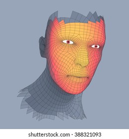 Jefe de la Persona de una Cuadrícula 3d. Modelo de cable de cabeza humana. Cabeza de polígono humano. Escaneo facial. Vista de la cabeza humana. Diseño de cara geométrica 3D. 3 quinquies Cubierta Polígona Piel. Retrato de hombre de polígono geométrico.