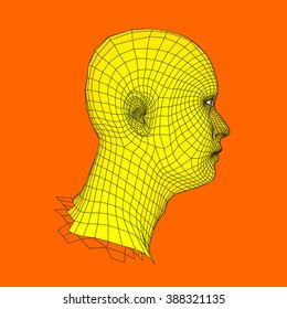 Jefe de la Persona de una Cuadrícula 3d. Modelo de cable de cabeza humana. Cabeza de polígono humano. Escaneo facial. Vista de la cabeza humana. Diseño de cara geométrica 3D. 3 quinquies Cubierta Polígona Piel. Retrato de hombre de polígono geométrico.