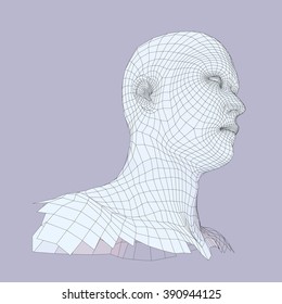 Head of the Person from a 3d Grid. Human Head Wire Model. Human Polygon Head. Face Scanning. View of Human Head. 3D Geometric Face Design. 3d Polygonal Covering Skin. Geometry Polygon Man Portrait.
