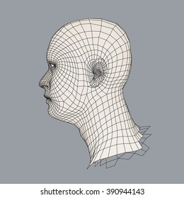 Jefe de la Persona de una Cuadrícula 3d. Modelo de cable de cabeza humana. Cabeza de polígono humano. Escaneo facial. Vista de la cabeza humana. Diseño de cara geométrica 3D. 3 quinquies Cubierta Polígona Piel. Retrato de hombre de polígono geométrico.