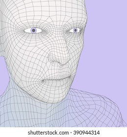 Head of the Person from a 3d Grid. Human Head Wire Model. Human Polygon Head. Face Scanning. View of Human Head. 3D Geometric Face Design. 3d Polygonal Covering Skin. Geometry Polygon Man Portrait.