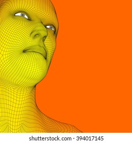 Head of the Person from a 3d Grid. Human Head Wire Model. Human Polygon Head. Face Scanning. View of Human Head. 3D Geometric Face Design. 3d Polygonal Covering Skin. Geometry Polygon Man Portrait.