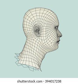 Jefe de la Persona de una Cuadrícula 3d. Modelo de cable de cabeza humana. Cabeza de polígono humano. Escaneo facial. Vista de la cabeza humana. Diseño de cara geométrica 3D. 3 quinquies Cubierta Polígona Piel. Retrato de hombre de polígono geométrico.