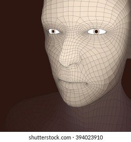 Chefe da Pessoa a partir de uma Grade 3d. Modelo de fio de cabeça humana. Cabeça de Polígono Humano. Digitalização de rosto. Vista da Cabeça Humana. Design de face geométrica 3D. Pele de cobertura poligonal 3d. Geometria Polygon Man Retrato.