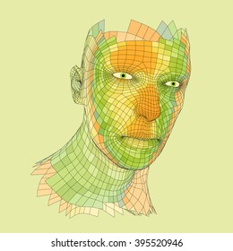 Kopf der Person aus einem 3D-Gitter. Human Head Wire Model. Menschlicher Polygonkopf. Gesichtsscannen. Sicht auf den menschlichen Kopf. 3D Geometrisches Gesichtsdesign. 3d Polygonal Covering Skin. Geometry Polygon Man Portrait.