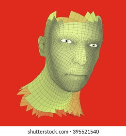 Head of the Person from a 3d Grid. Human Head Wire Model. Human Polygon Head. Face Scanning. View of Human Head. 3D Geometric Face Design. 3d Polygonal Covering Skin. Geometry Polygon Man Portrait.