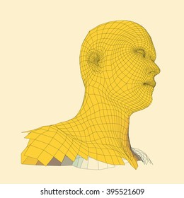 Head of the Person from a 3d Grid. Human Head Wire Model. Human Polygon Head. Face Scanning. View of Human Head. 3D Geometric Face Design. 3d Polygonal Covering Skin. Geometry Polygon Man Portrait.