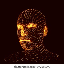 Head of the Person from a 3d Grid. Human Head Model. Face Scanning. View of Human Head. 3D Geometric Face Design. 3d Covering Skin. Geometry Man Portrait. Can be used for Avatar, Science, Technology