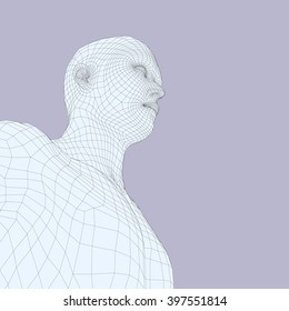 Head of the Person from a 3d Grid. Human Head Wire Model. Human Polygon Head. Face Scanning. View of Human Head. 3D Geometric Face Design. 3d Polygonal Covering Skin. Geometry Polygon Man Portrait.
