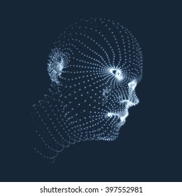 Head of the Person from a 3d Grid. Human Head Model. Face Scanning. View of Human Head. 3D Geometric Face Design. 3d Covering Skin. Geometry Man Portrait. Can be used for Avatar, Science, Technology