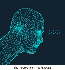 Head of the Person from a 3d Grid. Human Head Wire Model. Human Polygon Head. Face Scanning. View of Human Head. 3D Geometric Face Design. 3d Polygonal Covering Skin. Geometry Polygon Man Portrait.