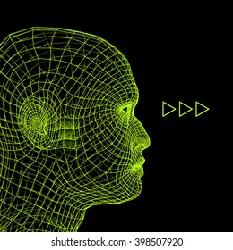 Head of the Person from a 3d Grid. Human Head Wire Model. Human Polygon Head. Face Scanning. View of Human Head. 3D Geometric Face Design. 3d Polygonal Covering Skin. 