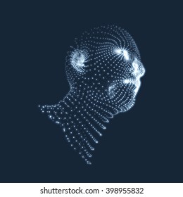 Head of the Person from a 3d Grid. Human Head Model. Face Scanning. View of Human Head. 3D Geometric Face Design. 3d Covering Skin. Geometry Man Portrait. Can be used for Avatar, Science, Technology