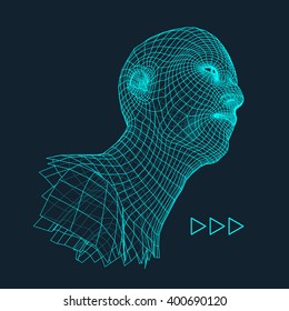 Head of the Person from a 3d Grid. Human Head Wire Model. Human Polygon Head. Face Scanning. View of Human Head. 3D Geometric Face Design. 3d Polygonal Covering Skin. Geometry Polygon Man Portrait.