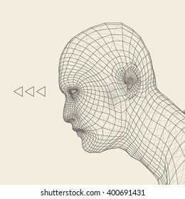 Kopf der Person aus einem 3D-Gitter. Human Head Wire Model. Menschlicher Polygonkopf. Gesichtsscannen. Sicht auf den menschlichen Kopf. 3D Geometrisches Gesichtsdesign. 3d Polygonal Covering Skin. Geometry Polygon Man Portrait.