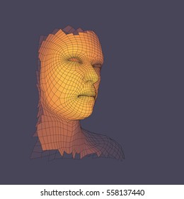 Jefe de la Persona de una Cuadrícula 3d. Modelo de cable de cabeza humana. Escaneo facial. Vista de la cabeza humana. Diseño de cara geométrica 3D. Piel Cubierta Polígono. Ilustración vectorial.