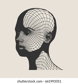 Head Of The Person From A 3d Grid. Human Head Wire Model. 3D Geometric Face Design. Polygonal Covering Skin.