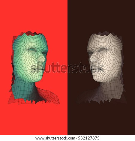 Head of the Person from a 3d Grid. Human Head Wire Model. Face Scanning. View of Human Head. 3D Geometric Face Design. Polygonal Covering Skin. Vector Illustration.