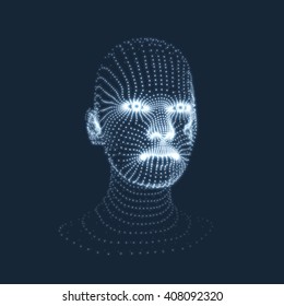 Kopf der Person aus einem 3D-Gitter. Sicht auf den menschlichen Kopf. Kann für Avatar, Wissenschaft, Technologie verwendet werden