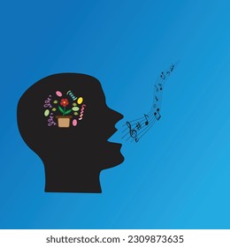 Head of a person with a flower in a pot inside, mental health and emotional wellness concept 