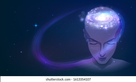 The Head Of A Person With A Glowing Galaxy, Imagination And Dreams, The Brain Of A Meditating Person