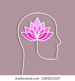 Head of a person, human mind and pink lotus flower in bloom concept. Papercut art, vector illustration.