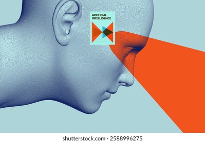 The head of a person in profile with the focus of attention on something expressed in colour. The robot model is made in stipple style. Cover design template. Vector for presentation, banner, etc. 
