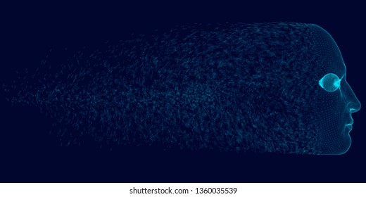 Head of the person scatters into small fragments. 3D. Side view. Wireframe of the head of a man of blue lines on a dark background. Vector illustration
