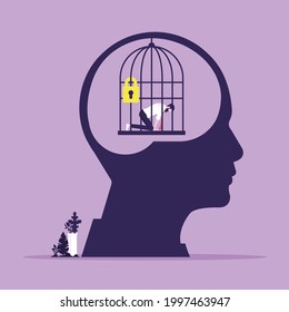 Head with personal mental trap as closed cage, Personal growth, Stuck in comfort zone