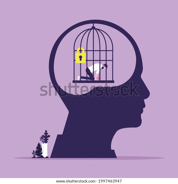 Head with personal mental trap as closed\
cage, Personal growth, Stuck in comfort\
zone