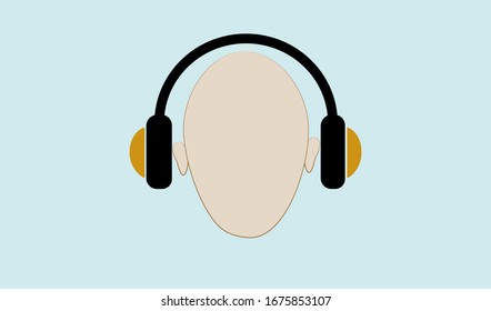 Head phone on human head vector isolated on vintage light blue background, flat vector for graphic and web design