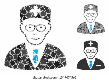 Head physician composition of raggy elements in different sizes and color hues, based on head physician icon. Vector inequal parts are combined into collage.