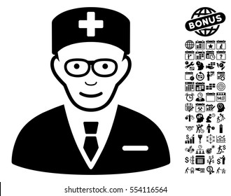 Head Physician icon with bonus business, time management and calendar pictograms. Vector illustration style is flat iconic symbols, black color, white background.