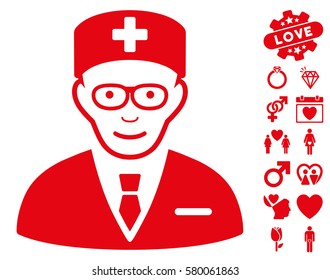 Head Physician icon with bonus lovely images. Vector illustration style is flat iconic red symbols on white background.